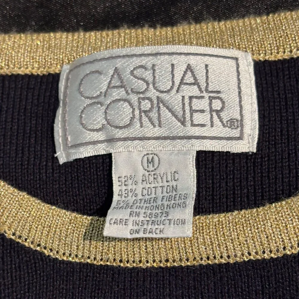 Casual Corner Vintage Nautical Anchor Crest Sweater Black Gold Metallic Womens M